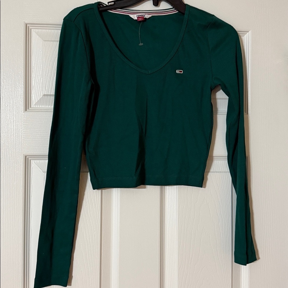 Tommy Hilfiger Green Ribbed crop long sleeve Top XS